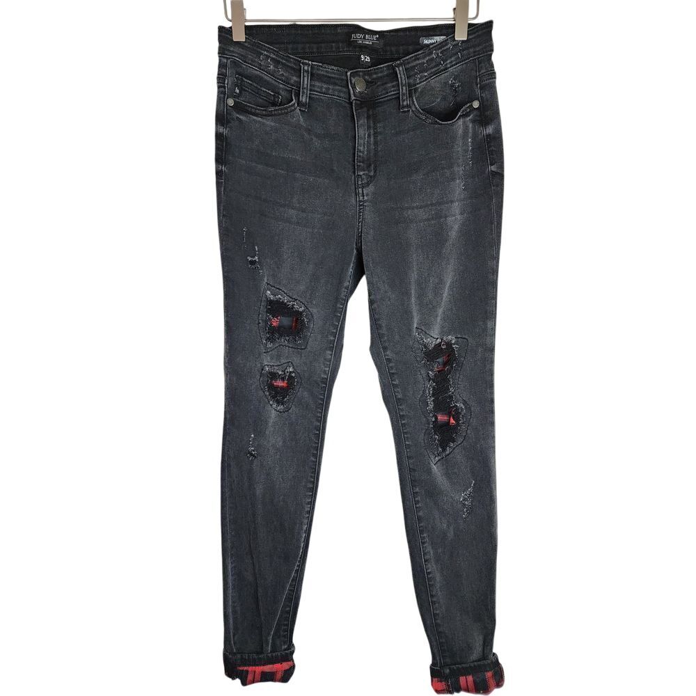 Judy Blue Jeans Women's 9/ 29 Buffalo Plaid Distressed Skinny‎ Pants Black